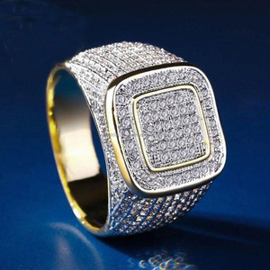 Square Micro Pave <b>Set</b> Iced Out Cluster <b>Ring</b> 925 <b>Sterling</b> <b>Silver</b> Prong Setting Men's Wedding Groom's Hip-Hop <b>Ring</b> for Gifts - Product Image 1