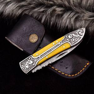 Cuchillo Plegable de Acero de Damasco con Mango Grabado, Funda para Transporte Vertical, Cuchillo de Bolsillo EDC para Caza y Camping, Cuchillo de Punta Caída, Cuchillo Personalizado OEM - Product Image 3