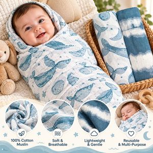 Juego de Envolturas de Muselina de Algodón para Bebés |   Manta Suave y Transpirable para Recién Nacidos |   Paño de porteo impreso para bebé |   Cuna Ligera y Reutilizable - Product Image 1
