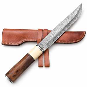 HaHand Forged Damascus Steel Seax Knife Rosewood and Bone Handle Fixed Blade Hunting Knife with Leather Sheath Outdoor Camping - Product Image 1