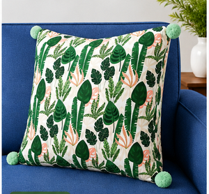 Funda de Cojín de Lujo con Estampado de Hojas Tropicales y Bordes de Pompones Hechos a Mano, Decoración Contemporánea para el Hogar, 100% Lino - Product Image 5