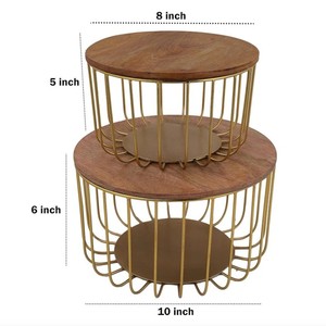 Round Metal Fruit <b>Basket</b> Wooden Lid Set | Glossy Finish | Multifunctional Modern Fruit Storage Bowl | Kitchen Table Organizer - Product Image 4