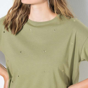 เสื้อยืดคอกลมแขนสั้นสีเขียวพิมพ์ลายเพชรแบบรีดร้อน ผ้าฝ้าย 100% สำหรับผู้หญิงและผู้ชาย สไตล์ลำลอง - Product Image 3