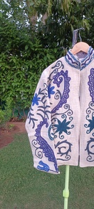 Knitted Hand Embroidered Floral Cotton <b>Jacket</b> Breathable Eco-Friendly Stand Autumn Winter Batwing Sleeve Three Quarter Women's - Product Image 3
