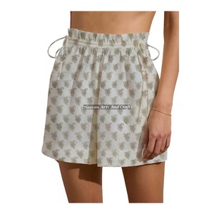 Shorts de Algodón 100% con Bloques de Color Hechos a Mano, Mini Shorts de Fin de Semana con Cordón, Estampado Floral Multicolor, Cintura Elástica Casual, Tallas Naturales, Estilo Resort - Product Image 4