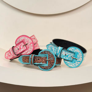 Cinturón con hebillas redondeadas anchas de cuero genuino con herramientas manuales clásicas personalizadas, cinturones vaqueros occidentales con relieve floral turquesa cómodos - Product Image 6