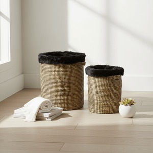 Set of 2 Seagrass <b>Baskets</b> with Faux Fur Trim Handmade <b>Storage</b> <b>Basket</b> Wholesale eco-friendly Made in viet Nam - Product Image 3