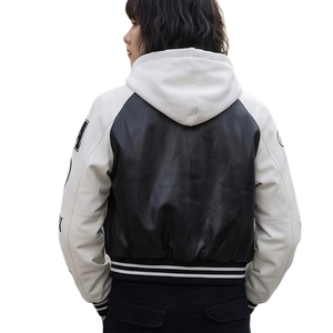 Women Cropped Varsity Hooded Leather <b>Jacket</b> with <b>Sheep</b> <b>Skin</b> Detail Winter Windproof Chenille Patch - Product Image 2