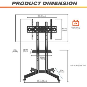 Chariot TV mobile sur roulettes pour écrans plats ou incurvés de 32 à 65 pouces, support réglable en hauteur, capacité de charge de 132 lb - Product Image 2