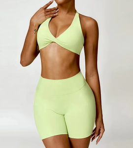 Women's Quick Dry 2-Piece Sports Bra and Yoga Shorts Set Knot Halter Backless Seamless and Breathable Solid Pattern Yoga Gear - Product Image 5