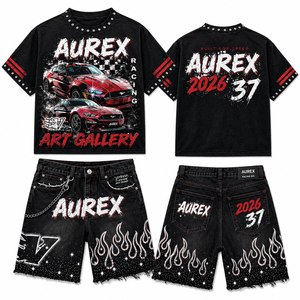 Cropped <b>Studded</b> Streetwear <b>Men's</b> Summer Custom T Shirt & Shorts Set Custom Screen Printed Acid Wash T Shirt Set 100% Cotton - Product Image 1