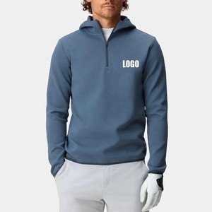 Men's Blue Quarter-<b>Zip</b> <b>Hooded</b> Sweatshirt Full Sleeve Solid Color Breathable Golf Pullover with Front Logo Print - Product Image 1