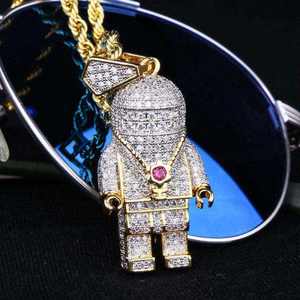 Pendentif Breloque Robot Hip Hop en Moissanite, Collier Bicolore Or et Argent Sertie de Pierres pour Hommes, Bijoux de Fête - Product Image 2