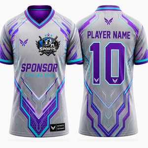 Maillot de football personnalisé sublimé, col en V, manches courtes, violet, gris, motif géométrique, évacuation de l'humidité, unisexe, vêtements de sport pour adultes - Product Image 1
