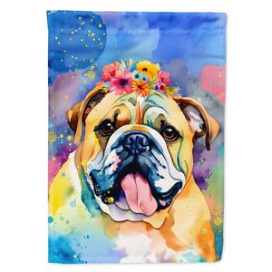 Drapeau de jardin multicolore Hippie Dawg Bulldog anglais Bannière décorative de cour pour patio Illustration pour parterres de fleurs et décor de boîte aux lettres - Product Image 1