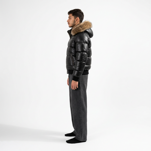 Men's Hooded Puffer Jacket Breathable Windproof Fleece Filling Winter Casual Coat Solid Color Zipper Front <b>Fur</b> <b>Trim</b> Regular Fit - Product Image 4