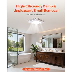 Ventilatore da bagno da 80 CFM con luce LED, temperatura colore 1.5 Sones, motore AC premium silenzioso, a soffitto, con tre velocità di ventilazione - Product Image 2