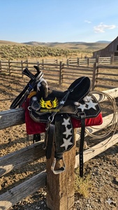 Silla de montar de exhibición de cuero genuino personalizada para carreras de barriles estilo western, con diseño de estrellas brillantes, asiento profundo duradero y cantle alto con estrellas plateadas brillantes - Product Image 2