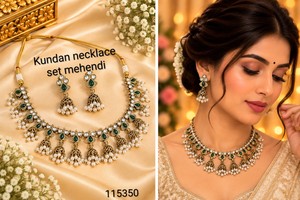 Parure de collier Kundan artisanale en pierre taille poire, design plaqué or antique, avec pendentifs Jhumki et grappes de perles tombantes - Product Image 6