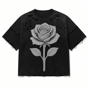 Camiseta Oversize Negra para Hombre con Efecto Desgastado, Agujeros y Bajo sin Rematar, Manga Corta, Cuello Redondo, Estilo Urbano - Product Image 2