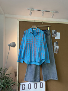 SUBICI L8107 Women's Oversized Striped Shirt Double Chest Pockets Long Sleeve Button Down Loose Fit Casual Fashion Blouse <b>Top</b> - Product Image 2
