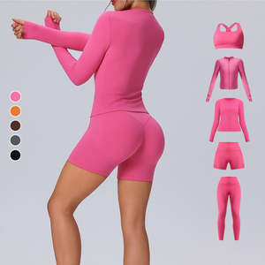 Ensemble de vêtements de sport pour femmes en 4 pièces, rose, soutien-gorge de sport extensible, veste zippée, haut court et leggings, coupe ajustée, vêtements de fitness - Product Image 3