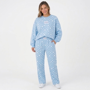 Wholesales <b>Women</b> Purple Polka Dot Crewneck Sweatshirt and Wide Leg <b>Pants</b> 2 Piece <b>Lounge</b> Set With Custom Logo - Product Image 2