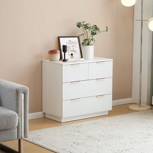 Comodino a Tre Livelli con Quattro Cassetti, Ante con Motivo Ondulato, Bianco, in Particelle P2 e Pannello a Densità Media - Product Image 5