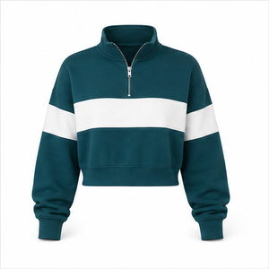 Sudadera Corta Personalizable para Mujer, Color Verde Azulado Oscuro, Corte Cuadrado, con Cierre de Cremallera de un Cuarto, de Algodón con Interior de Felpa - Product Image 1
