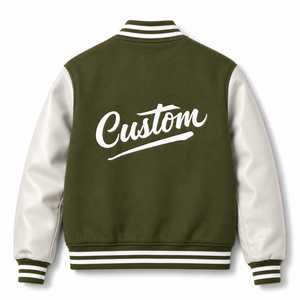 Custom Letter Print Windproof Breathable Wool/Polyester Varsity Jacket Men Olive Green PU Sleeve Casual Winter <b>Covered</b> <b>Button</b> - Product Image 3