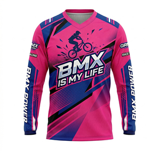 Maillot de cyclisme à manches longues pour hommes, course BMX - 100% polyester, séchage rapide, respirant, col en V, tissu satiné, imprimé graphique 'TEAM' - Product Image 1