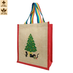 Custom <b>Christmas</b> Jute Gift Tote Bag 30x36x15cm Laminated Holiday Shopping Bag Wholesale Custom Logo OEM ODM Private Label Export - Product Image 1