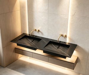 Modern Rectangular Marble Bathroom Basin with Gold Accent Faucet and Polished Finish - Product Image 1