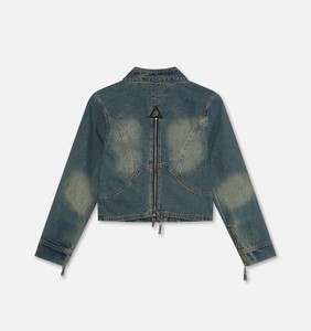 Women's <b>Cropped</b> <b>Denim</b> <b>Jacket</b> Moto Style High Neck Front Back Zipper Style Light Stonewashed Blue Skinny Fit Autumn Outerwear - Product Image 6