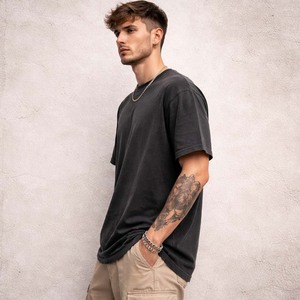 Men's Heavyweight 100% Cotton Streetwear Tee with Custom Logo Vintage Washed Black Oversized Fit High Street Style - Product Image 5