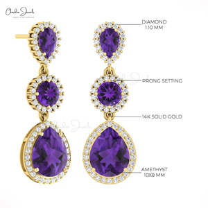 Trending Products 6.14 CTW Prong Set Amethyst Three Stone Dangle <b>Earrings</b> With 14k Solid Gold Diamond Halo Dangler <b>Earrings</b> - Product Image 3