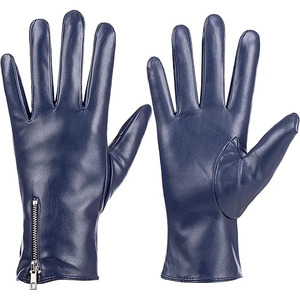 Gants de conduite en cuir véritable bleu, gants d'hiver unisexes à doigts entiers avec fermeture à glissière pour une conduite confortable en extérieur - Product Image 1