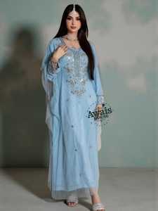 Vestido de Novia Elegante Awais HOUSE para Mujer, Azul Claro, Bordado, Salwar Kameez, Cuello en V, Manga Larga, Largo hasta el Suelo, Material de Rayón - Product Image 2