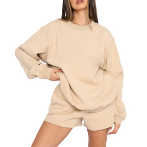High Quality Women's Sweatshirt Set Plain Fleece Crewneck Pullover and High Waist Shorts Set Custom Size Tracksuit Women - Product Image 5