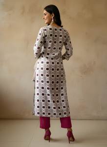 Womens White Printed Cotton Straight Kurti Round Neck <b>Three</b> Quarter Sleeve Regular Length Fully Stitched Ethnic Wear Summer Top - Product Image 3