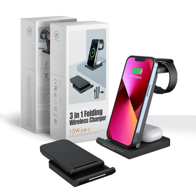 Desktop Mobile Phone Holder Wireless Charger Station 3 in One Foldable Wireless Charger for Phone Headphone Watch