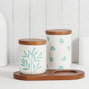 Ensemble de pots de rangement en céramique de qualité supérieure avec couvercle en bois, récipient de cuisine hermétique, design élégant en forme de feuille, organisateur polyvalent - Product Image 3