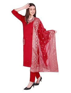 ชุดคุร์ตาสีแดง SAZU สำหรับผู้หญิง พร้อมผ้าคลุมไหล่ปักลาย |   ชุดสูทสไตล์ชาติพันธุ์ 3 ชิ้น ดีไซน์หรูหรา สำหรับงานเทศกาล งานปาร์ตี้ และงานแต่งงาน - Product Image 6