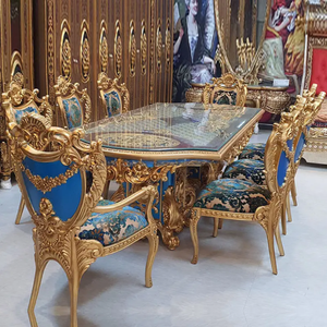 Ensemble de table à manger de style baroque européen de luxe en acajou massif avec accents dorés et bleus, table rectangulaire classique avec buffet - Product Image 1