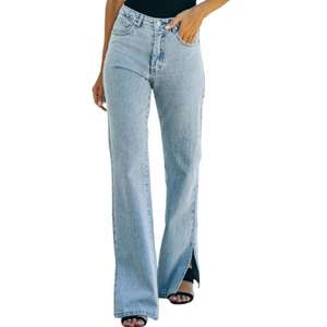 กางเกงยีนส์ทรงตรงคุณภาพพรีเมียมสำหรับผู้หญิง แห้งเร็ว ระบายอากาศได้ดี เอวสูง สีและขนาดปรับแต่งได้ รับผลิตแบบ ODM ขายส่ง - Product Image 1