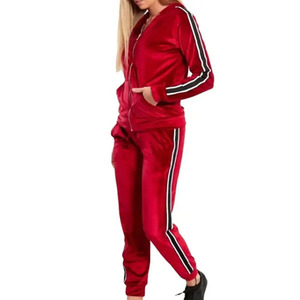 Women Red <b>Velour</b> Eco-friendly Lightweight <b>Tracksuit</b> Full Zip Hoodie with Side Pockets Striped Design Sporty Winter Regular Fit - Product Image 3