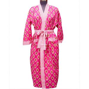 Bata de algodón hecha a mano con estampado floral rosa para mujer, de longitud completa, cuello en V, manga tres cuartos, cierre con cinturón, ropa casual transpirable de secado rápido - Product Image 1