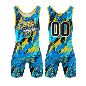 <b>Men</b> Blue Yellow Sublimated <b>Wrestling</b> <b>Singlet</b> Polyester Athletic Sports Uniform Sleeveless <b>Wrestling</b> Apparel Training Match - Product Image 1