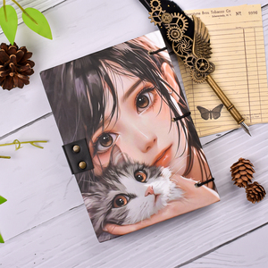 Cute Girl & Cat Illustration Lock Diary <b>A5</b> Handmade Journal Aesthetic Anime Style Notebook with Metal Lock for Personal Writing - Product Image 1