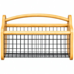 Panier en fil de fer en bois de pin naturel avec poignée en bois, chariot de rangement portable pour produits frais - Product Image 1